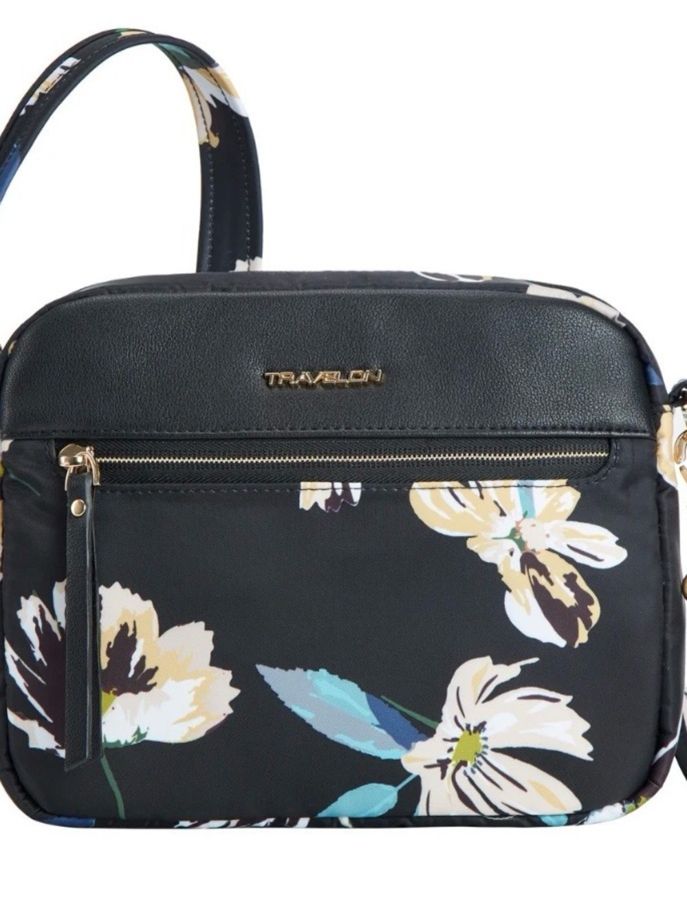 Travelon Black Floral Crossbody with Gold Accents